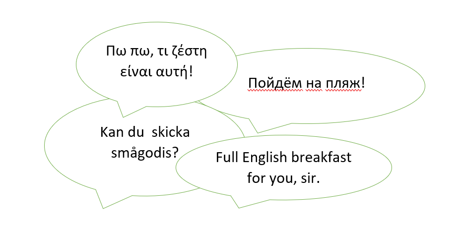 Pratbubblor med text på svenska, engelska, grekiska och ryska